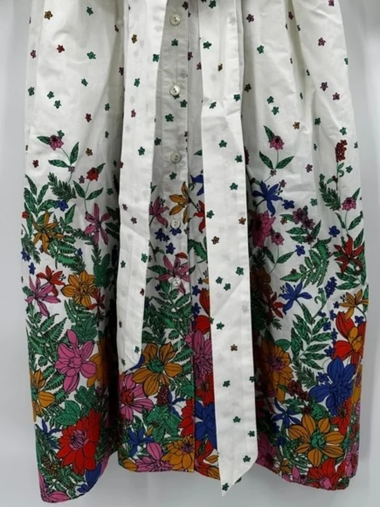 White Floral Border Button-Front Dress with Waist Tie - Picture 2 of 5